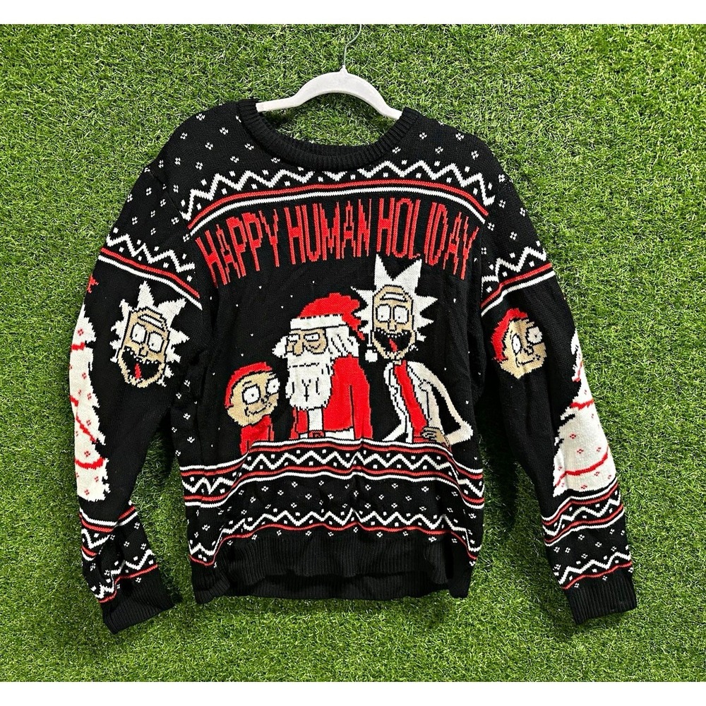 Ripple Junction Mens L Rick & Morty Happy Human Holiday Knit Sweater Black